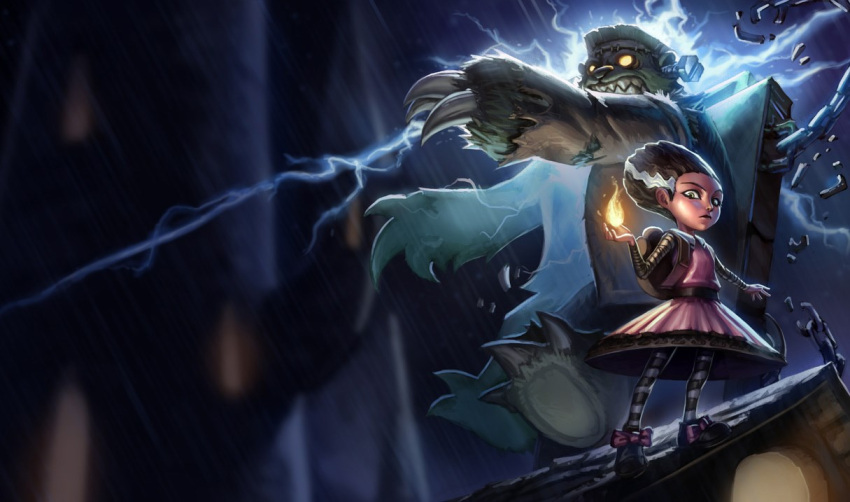 1girl bad_source bangs bear black_footwear black_hair black_pantyhose claws closed_mouth cosplay dress fire frankenstein's_monster frankenstein's_monster_(cosplay) frankentibbers_annie glowing glowing_eyes grey_dress hand_up league_of_legends lightning night official_art outdoors pantyhose rain screw sharp_teeth striped striped_pantyhose teeth tibbers white_hair white_pantyhose