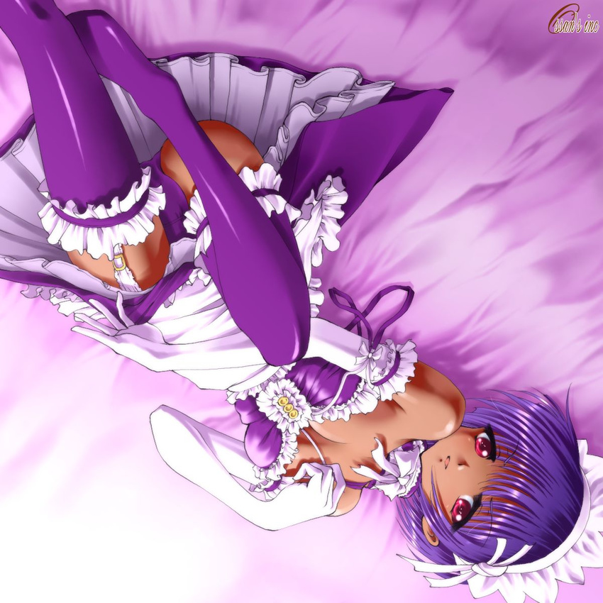 1girl artist_request bed breasts character_request cleavage dark_skin dress elbow_gloves garter_straps gloves highres looking_at_viewer lying maid maid_headdress naughty_face open_mouth panties purple_hair purple_legwear purple_panties red_eyes short_hair smile solo source_request thighhighs underwear zettai_ryouiki