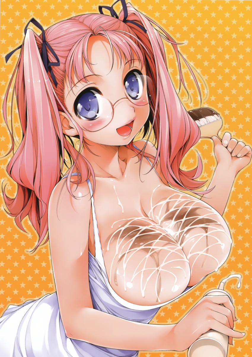 absurdres apron bare_shoulders blue_eyes blush breasts chocolate cleavage glasses highres ishikei large_breasts long_hair non-web_source open_mouth original pink_hair smile solo suggestive_fluid twintails