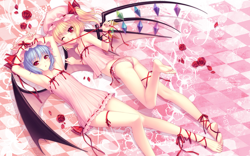 ankle_lace-up arms_up bad_id bad_pixiv_id barefoot blonde_hair checkered checkered_floor cross-laced_footwear feet flandre_scarlet flat_chest flower highres lavender_hair lying multiple_girls nightgown on_back one_eye_closed panties petals red_eyes remilia_scarlet ribbon rose sayori short_hair siblings side_ponytail sisters striped striped_panties tongue touhou underwear wallpaper wings