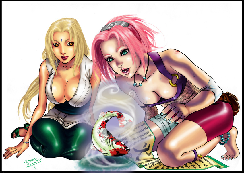 2girls absurdres arm_warmers artist_name bag bandage bare_shoulders barefoot bike_shorts blonde_hair bracelet breasts cleavage collarbone dorotea_gizzi facial_mark feet fingernails fish fishnets forehead_mark green_eyes green_shoes haruno_sakura headband headdress highres jewelry kneeling konohagakure_symbol large_breasts latex lips lipstick long_hair looking_at_another looking_down makeup multiple_girls nail_polish naruto necklace open_mouth open_toe_shoes pink_hair purple_shirt red_eyes shiny shiny_clothes shiny_hair shirt shoes short_hair shorts simple_background sitting skin_tight skindentation sleeveless sleeveless_shirt small_breasts spandex stregatto10 toenails tsunade white_background white_shirt