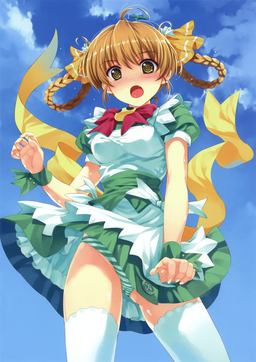 :o absurdres ahoge apron blush bow bowtie braid brown_hair buttons cameltoe chidori_minamo cloud cosplay day dress embarrassed fang from_below green_dress green_panties hair_bow hair_ornament highres looking_at_viewer looking_down melon-chan melon-chan_(cosplay) melonbooks misaki_kurehito official_art open_mouth outdoors panties pantyshot pantyshot_(standing) ribbon sash scan shiny shiny_hair short_dress skirt skirt_tug sky smile_cubic! smiley_face solo standing striped striped_panties suiheisen_made_nan_mile? surprised sweatdrop thighhighs twin_braids under_dress underwear upskirt waitress white_legwear white_panties wrist_cuffs yellow_bow yellow_eyes