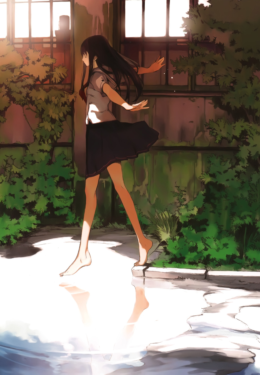 absurdres barefoot brown_hair bu-n bush closed_eyes feet grass highres houden_eizou legs long_hair original outstretched_arms puddle reflection school_uniform serafuku skirt smile solo spread_arms tiptoes water