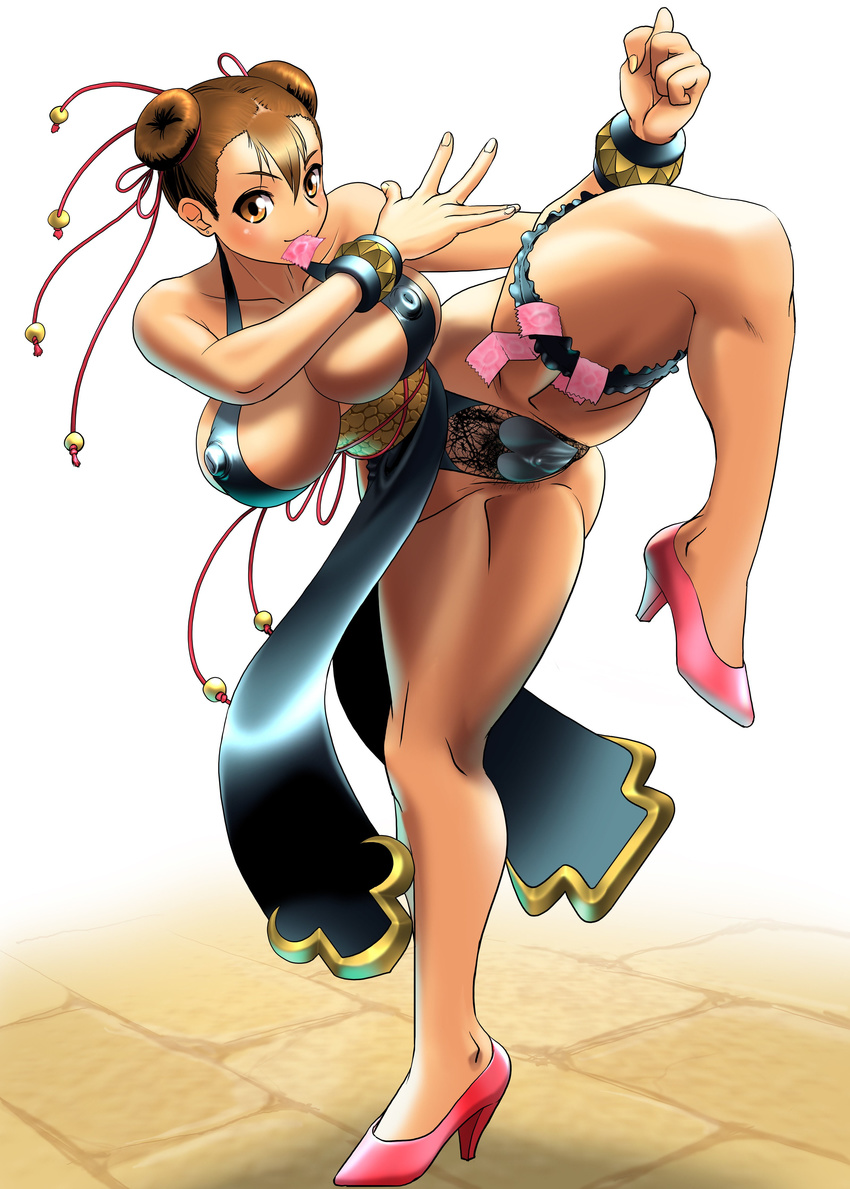 absurdres alternate_costume anus bottomless breasts brown_eyes brown_hair chun-li clitoris condom condom_in_mouth cosine covered_nipples double_bun high_heels highres huge_breasts maebari mouth_hold no_panties pasties pelvic_curtain shoes solo street_fighter street_fighter_iv_(series) thick_thighs thighs