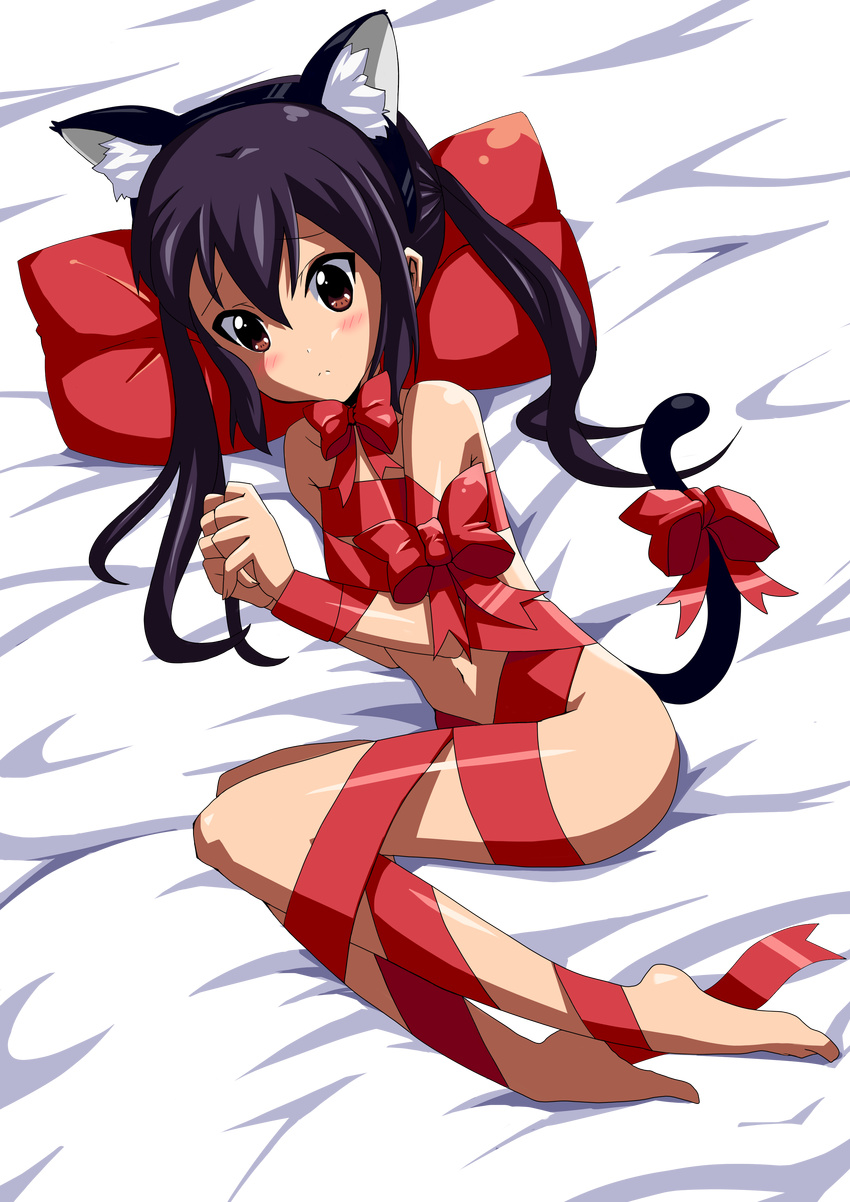 absurdres animal_ears bad_id bad_pixiv_id barefoot bdsm bed black_hair blush bondage bound brown_eyes cat_ears flat_chest full_body highres jimoku_(pixiv) k-on! long_hair lying nakano_azusa naked_ribbon nude pillow restrained ribbon ribbon_bondage solo tail tail_ribbon transparent_background twintails