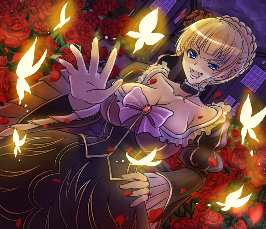 beatrice blonde_hair bow breasts bug butterfly cleavage flower insect large_breasts pink_bow rose short_hair smile solo umineko_no_naku_koro_ni youshuu