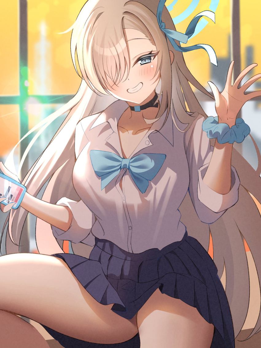 1girl asuna_(blue_archive) black_skirt blonde_hair blue_archive blush bow bowtie breasts cellphone choker collarbone collared_shirt feet_out_of_frame grin hair_over_one_eye hair_ribbon halo highres holding holding_phone indoors long_hair looking_at_viewer medium_breasts nano_(blueoekaki) phone ribbon school_uniform scrunchie shirt shirt_tucked_in sitting skirt sleeves_rolled_up smile solo waving white_shirt window wrist_scrunchie