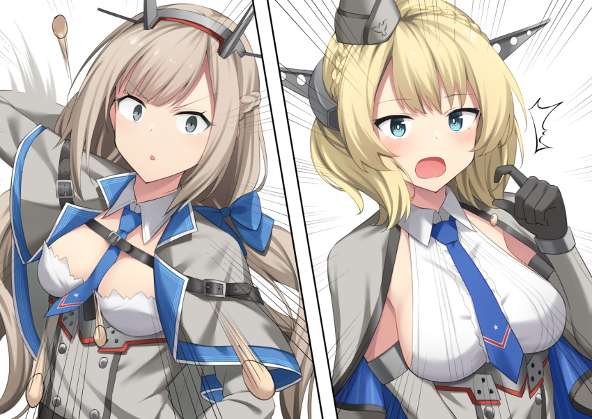 2girls ^^^ akahi242 beans belt black_belt blonde_hair blue_eyes blue_necktie blush braid breasts capelet collared_shirt colorado_(kancolle) emphasis_lines garrison_cap gloves grey_capelet grey_eyes grey_headwear hat headgear kantai_collection large_breasts long_hair maryland_(kancolle) medium_breasts multiple_girls necktie open_mouth shirt short_hair sleeveless sleeveless_shirt white_shirt