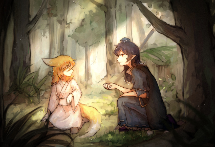 2girls aged_down animal_ears bamboo bangs blonde_hair blue_dress blue_hair blurry bush dark_blue_hair depth_of_field dress eye_contact forest fox_ears fox_tail from_side grass hand_up hat highres iizunamaru_megumu japanese_clothes kimono kudamaki_tsukasa long_hair looking_at_another medium_hair molajiyan multiple_girls nature one_knee outdoors petticoat plant pointy_ears pom_pom_(clothes) profile robe sleeves_past_elbows tail tokin_hat touhou tree waistcoat wide_sleeves yellow_eyes