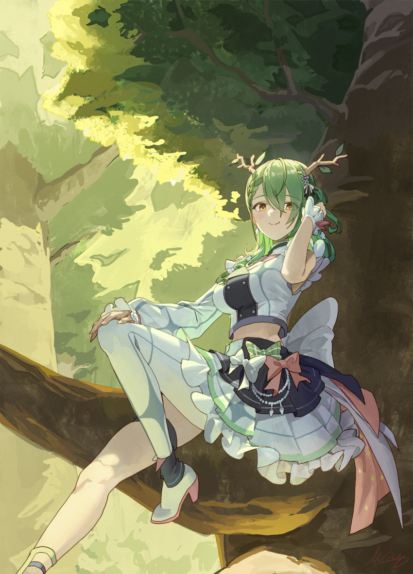 1girl antlers asymmetrical_clothes boots breasts ceres_fauna commentary_request crop_top eyes_visible_through_hair frilled_skirt frills green_hair hair_over_one_eye hand_on_own_knee high_heel_boots high_heels highres hololive hololive_english in_tree large_breasts long_hair long_sleeves m.q_(mqkyrie) signature single_pantsleg single_sleeve sitting sitting_in_tree skirt solo tree virtual_youtuber white_skirt wrist_cuffs yellow_eyes