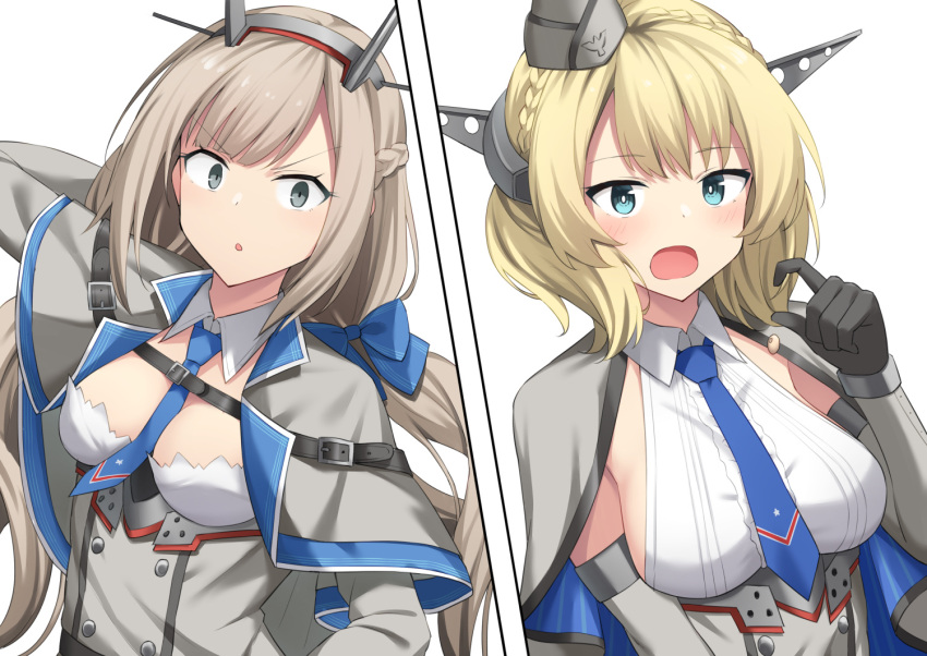 2girls akahi242 beans belt black_belt blonde_hair blue_eyes blue_necktie blush braid breasts capelet collared_shirt colorado_(kancolle) garrison_cap gloves grey_capelet grey_eyes grey_headwear hat headgear kantai_collection large_breasts long_hair maryland_(kancolle) medium_breasts multiple_girls necktie open_mouth shirt short_hair sleeveless sleeveless_shirt white_shirt