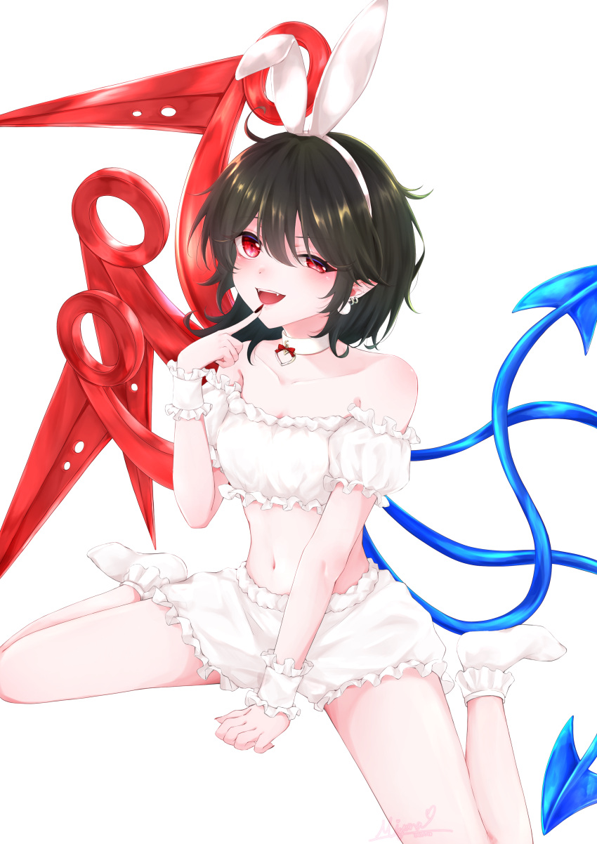1girl :d absurdres alternate_costume animal_ears asymmetrical_wings bangs bare_shoulders black_hair blue_wings breasts choker collarbone detached_sleeves earrings fake_animal_ears finger_to_mouth frilled_skirt frilled_socks frilled_tube_top frills hair_between_eyes highres houjuu_nue jewelry looking_at_viewer medium_hair midriff miniskirt miyuna multiple_earrings navel open_mouth pointy_ears rabbit_ears red_eyes red_nails red_wings short_sleeves simple_background sitting skirt small_breasts smile socks solo strapless teeth thighs touhou tube_top uneven_eyes upper_teeth_only wariza white_background white_choker white_skirt white_sleeves white_socks white_tube_top wings wrist_cuffs