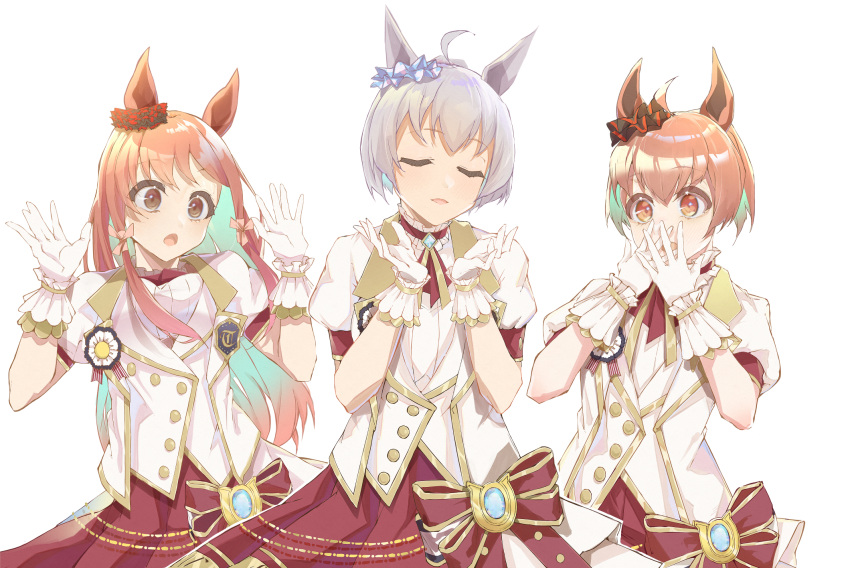 3girls :o ahoge animal_ears blue_choker bow breasts brown_eyes choker cleavage closed_eyes colored_inner_hair commission covering_mouth e_sky_rugo ear_ornament facing_viewer gloves green_hair hair_bow hands_up highres horse_ears long_hair multicolored_hair multiple_girls orange_hair parted_lips pixiv_commission red_skirt short_hair simple_background skirt smile umamusume vest white_background white_gloves white_vest wide-eyed wristband