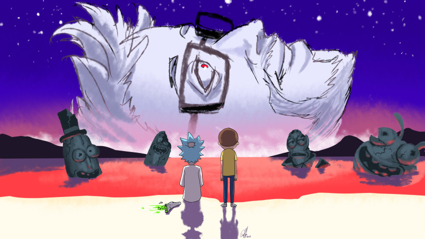 absurdres blue_pants character_request end_of_evangelion glasses highres justin_roiland_(person) justin_roiland_(style) labcoat meme morty_smith mr._poopybutthole multiple_boys neon_genesis_evangelion pants red_eyes rick_and_morty rick_sanchez sky standing star_(sky) starry_sky triple_q white_footwear
