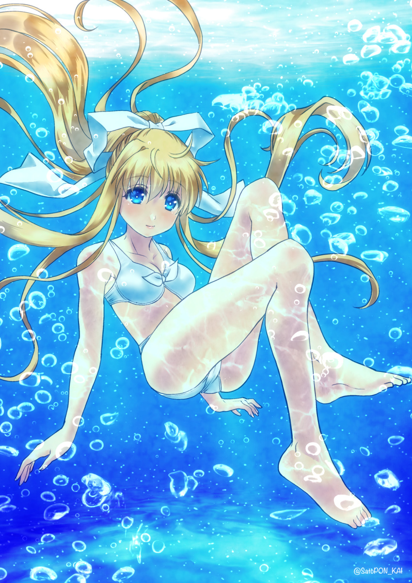 1girl air_(visual_novel) bangs bikini blonde_hair blue_eyes bow breasts bubble cleavage closed_mouth commentary_request full_body hair_bow highres kamio_misuzu long_hair looking_at_viewer medium_breasts sato-pon sidelocks smile solo swimsuit twitter_username underwater white_bikini white_bow