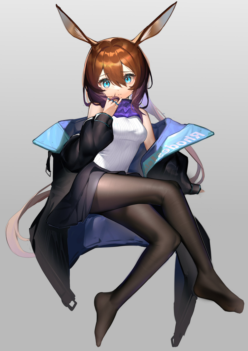 1girl absurdres amiya_(arknights) animal_ear_fluff animal_ears arknights ascot bangs bare_shoulders black_coat black_pantyhose black_skirt blue_eyes breasts brown_hair closed_mouth coat cool_est crossed_legs full_body grey_background hair_between_eyes highres invisible_chair legs long_hair long_sleeves looking_at_viewer medium_breasts miniskirt no_shoes off_shoulder open_clothes open_coat pantyhose purple_ascot rabbit_ears simple_background sitting skirt solo very_long_hair