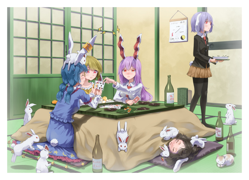 5girls :&lt; animal_ears bangs black_hair black_jacket black_pantyhose blazer blonde_hair blue_hair blue_shirt blue_skirt blush bottle breasts brown_skirt card cat closed_eyes closed_mouth clownpiece collared_shirt commentary crescent dango earclip eating floppy_ears food frilled_shirt frills full_body highres inaba_tewi jacket joker_(card) kotatsu long_sleeves looking_at_another medium_breasts miniskirt multiple_girls necktie odd_one_out old_maid open_mouth otomeza_ryuseigun pantyhose playing_card playing_games print_skirt purple_hair rabbit rabbit_ears rabbit_girl rabbit_tail red_eyes red_necktie reisen_(touhou_bougetsushou) reisen_udongein_inaba ringo_(touhou) sake_bottle seiran_(touhou) shirt short_hair shouji sitting skirt sliding_doors small_breasts smile star_(symbol) table tail tatami touhou under_kotatsu under_table wagashi white_shirt