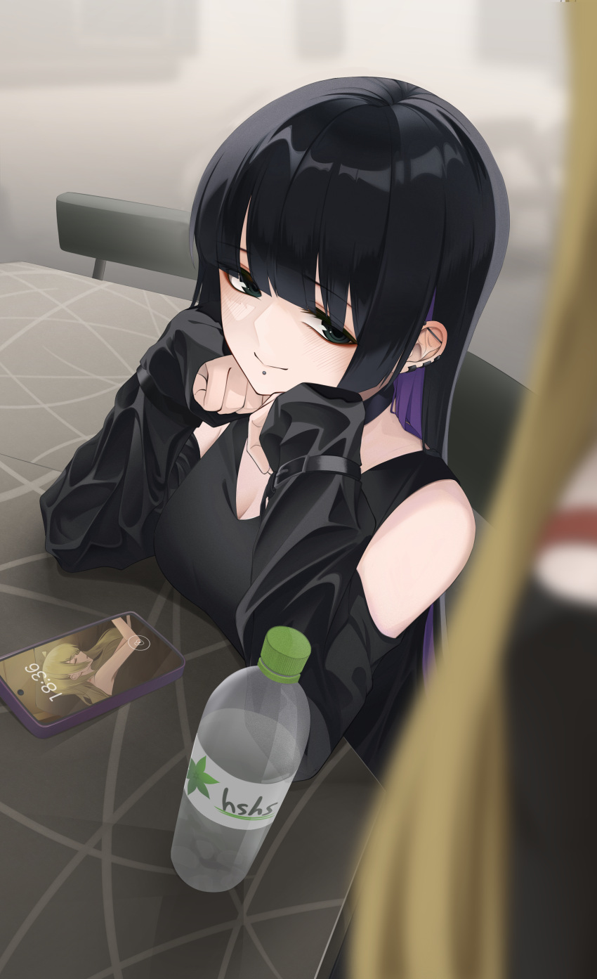2girls absurdres black_choker black_eyes black_hair blonde_hair blurry blurry_foreground bocchi_the_rock! breasts cellphone chin_piercing choker chuuni227 cleavage closed_mouth colored_inner_hair ear_bar earclip elbows_on_table head_rest highres ijichi_seika light_smile long_hair medium_breasts multicolored_hair multiple_girls pa-san phone piercing purple_hair sleeves_past_wrists smartphone smile solo_focus