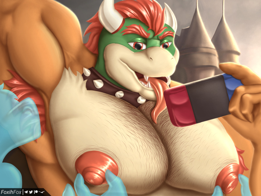 anthro armpit_hair biceps big_breasts big_nipples big_pecs body_hair bowser breasts collar detailed_background digital_media_(artwork) foxihfox fur game_console gaming hair hi_res holding_object huge_breasts koopa looking_at_viewer male mammal mario_bros muscular muscular_anthro muscular_male nintendo nintendo_console nintendo_switch nipples nude open_mouth outside pecs playing_videogame red_eyes scalie smile solo spikes switch_console