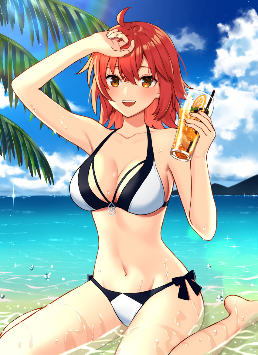 1girl bangs barefoot beach between_breasts bikini black_bikini blue_sky breasts cloud crossed_bangs day drink drinking_straw fate/grand_order fate_(series) food fruit fujimaru_ritsuka_(female) hair_between_eyes highres holding holding_drink large_breasts lens_flare looking_at_viewer medium_hair navel ocean open_mouth orange_(fruit) orange_eyes orange_hair orange_slice outdoors palm_tree side-tie_bikini_bottom sitting sky smile solo stomach swimsuit tila_276 tree tropical_drink two-tone_bikini wariza water wet white_bikini