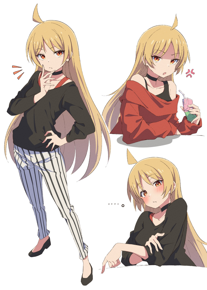 1girl absurdres angry bare_shoulders black_choker black_shirt blonde_hair blush bocchi_the_rock! choker closed_mouth eito12 hand_on_own_face high_heels highres ijichi_seika juice_box long_hair long_sleeves multiple_views open_mouth pants red_eyes red_shirt shirt simple_background solo striped striped_pants vertical-striped_pants vertical_stripes white_background