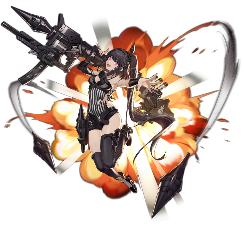 &gt;:) 1girl ammunition architect_(girls'_frontline) armpits artist_request asymmetrical_clothes asymmetrical_legwear asymmetrical_sleeves belt black_footwear black_hair black_sleeves black_thighhighs breasts covered_navel cross-laced_slit explosion full_body girls'_frontline hair_ornament high_heels highres jumping long_hair looking_at_viewer medium_breasts nail_polish navel official_art one_side_up open_mouth ornament outstretched_arm pale_skin pink_eyes rocket rocket_launcher sangvis_ferri shirt short_shorts shorts silver_footwear simple_background smile smoke_trail solo striped striped_shirt teeth thighhighs torn_clothes torn_shirt torn_sleeves transparent_background uneven_legwear upper_teeth_only v v-shaped_eyebrows very_long_hair weapon