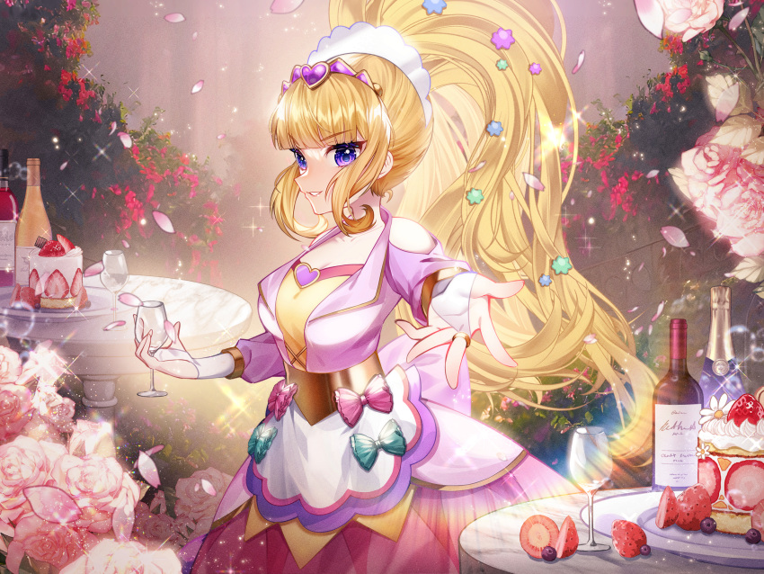 1girl absurdres apron bangs big_hair blonde_hair blueberry blunt_bangs bottle bridal_gauntlets cake closed_mouth clothing_cutout commentary commission cup cure_finale day delicious_party_precure dessert dress drinking_glass english_commentary flower food fruit gloves hair_ornament hando_2020 heart heart_hair_ornament highres holding holding_cup kasai_amane lens_flare light_particles long_hair long_sleeves looking_at_viewer magical_girl medium_dress outdoors petals pink_flower pink_rose plate precure purple_dress purple_eyes purple_headwear rainbow reaching_towards_viewer rose shoulder_cutout sidelocks smile solo sparkle standing strawberry strawberry_cake sunlight table tiara waist_apron white_gloves wine_bottle wine_glass