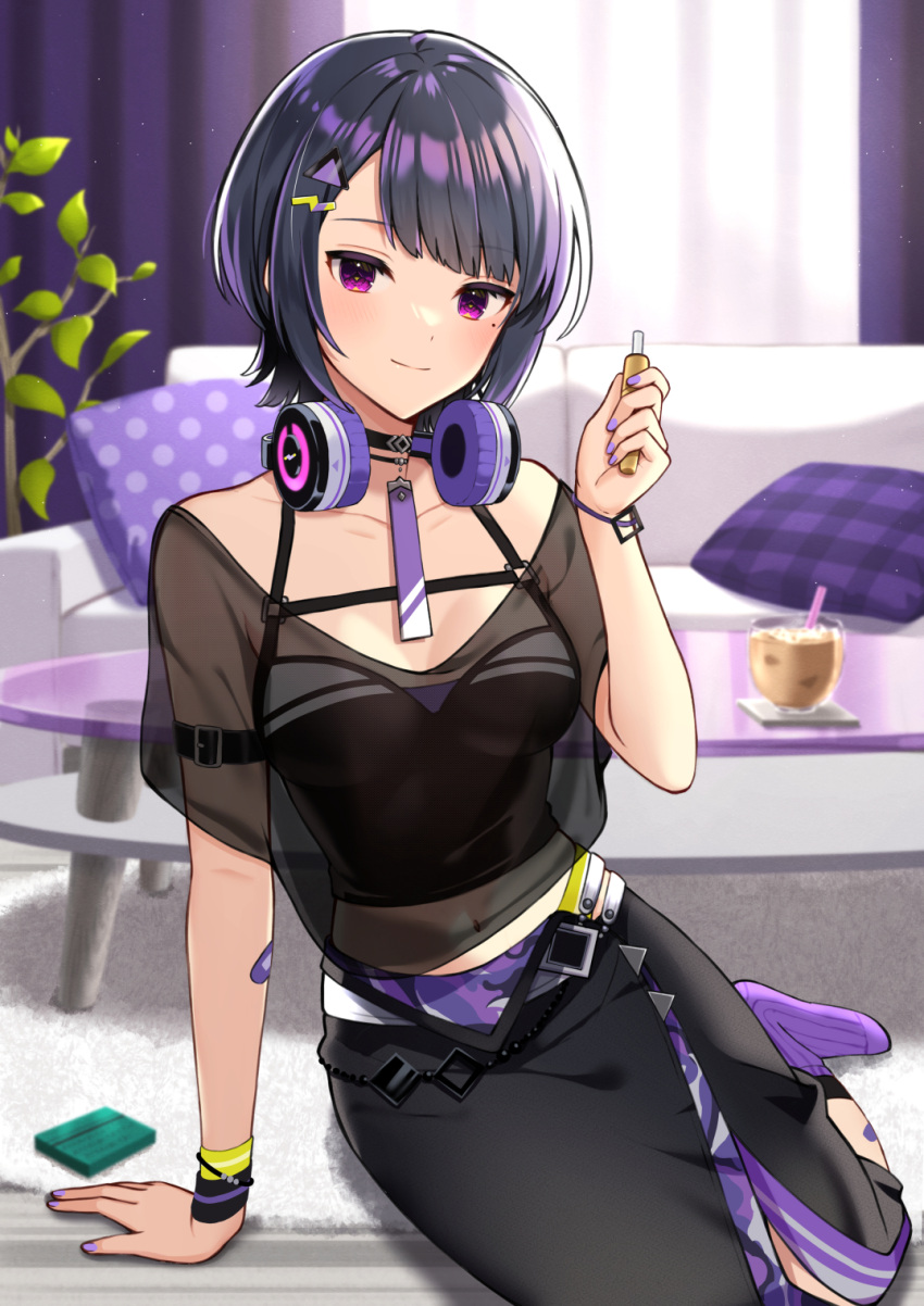 1girl arm_belt arm_support bangs belly_chain black_camisole black_choker black_hair black_shirt black_skirt bracelet breasts camisole chest_strap choker couch electronic_cigarette headphones headphones_around_neck highres holding indoors jewelry koshimizu_toru light_smile looking_at_viewer medium_breasts midriff mole mole_under_eye multicolored_hair navel nijisanji on_floor pillow purple_eyes purple_hair purple_nails purple_socks see-through shirt short_hair short_sleeves side_slit sitting skirt socks solo swept_bangs table tila_276 triangle_hair_ornament virtual_youtuber yokozuwari