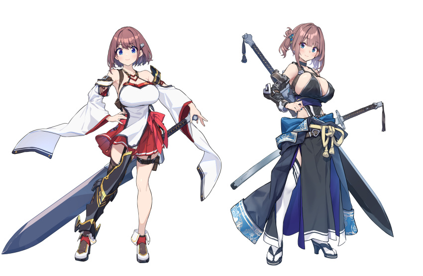 1girl absurdres baffu bare_shoulders black_thighhighs blue_eyes breasts brown_hair choker cleavage closed_mouth commentary_request covered_nipples detached_sleeves full_body greatsword highres hitoyo_(baffu) holding holding_sword holding_weapon japanese_clothes katana kimono_around_waist large_breasts looking_at_viewer medium_hair multiple_views nontraditional_miko one_side_up original red_skirt sandals sideboob sidelocks simple_background single_thighhigh skirt smile sword thighhighs weapon white_background white_sleeves wide_sleeves