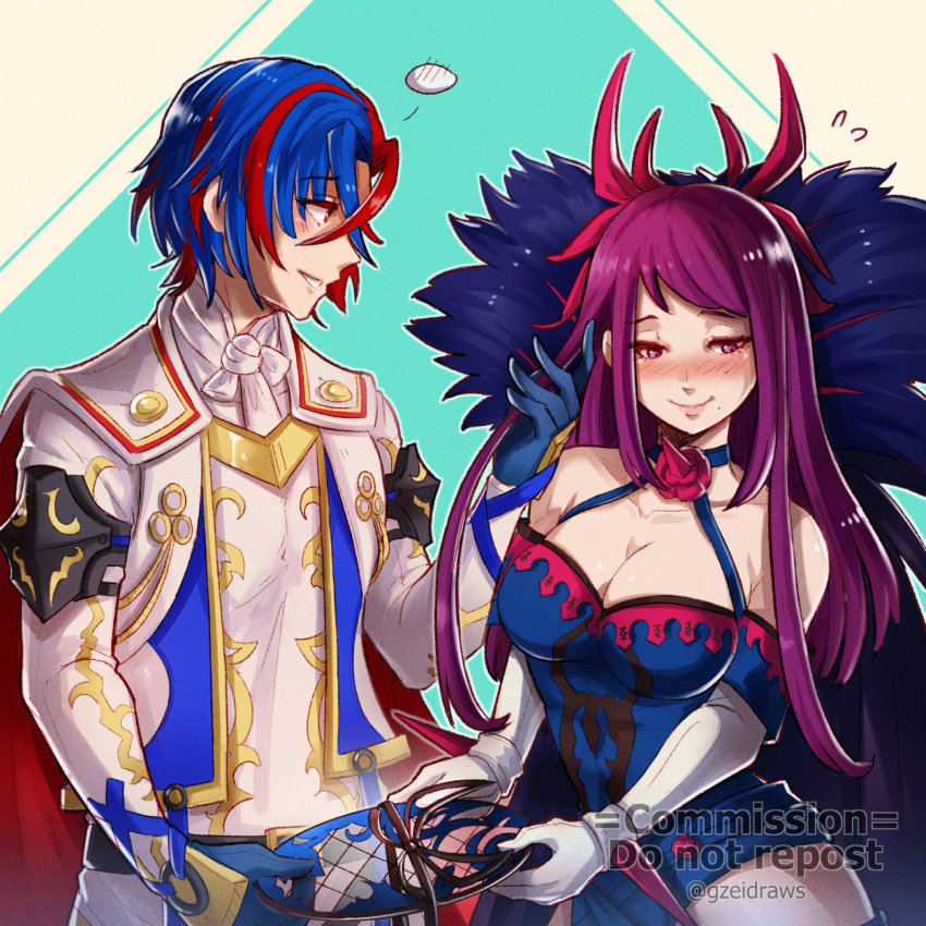 1boy 1girl alear_(fire_emblem) alear_(male)_(fire_emblem) blue_hair blush breasts cleavage dress fire_emblem fire_emblem_engage gloves gzei hand_in_another's_hair headwear_removed highres ivy_(fire_emblem) long_hair multicolored_hair purple_hair red_hair smile split-color_hair white_gloves
