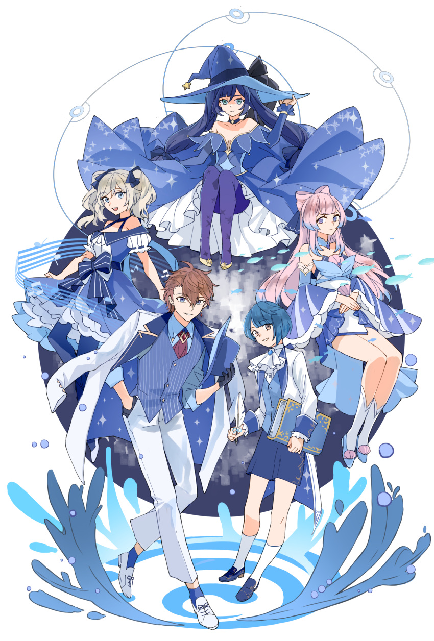 2boys 3girls absurdres alternate_costume aqua_eyes bangs barbara_(genshin_impact) blonde_hair blue_dress blue_eyes blue_hair blue_headwear blue_shorts book bow-shaped_hair breasts brown_eyes brown_hair choker closed_mouth commentary detached_sleeves dress earrings fish frills full_body genshin_impact gloves hair_ribbon hand_in_pocket hat highres holding holding_book holding_clothes holding_hat jacket jacket_on_shoulders japanese_clothes jewelry kk_(kkgame7733) kneehighs long_hair long_sleeves mona_(genshin_impact) multicolored_hair multiple_boys multiple_girls musical_note pants pantyhose parted_lips pink_hair power_connection purple_eyes quill ribbon sangonomiya_kokomi shorts simple_background single_earring socks star_(symbol) tartaglia_(genshin_impact) twintails water white_background white_jacket white_pants wide_sleeves witch_hat xingqiu_(genshin_impact)