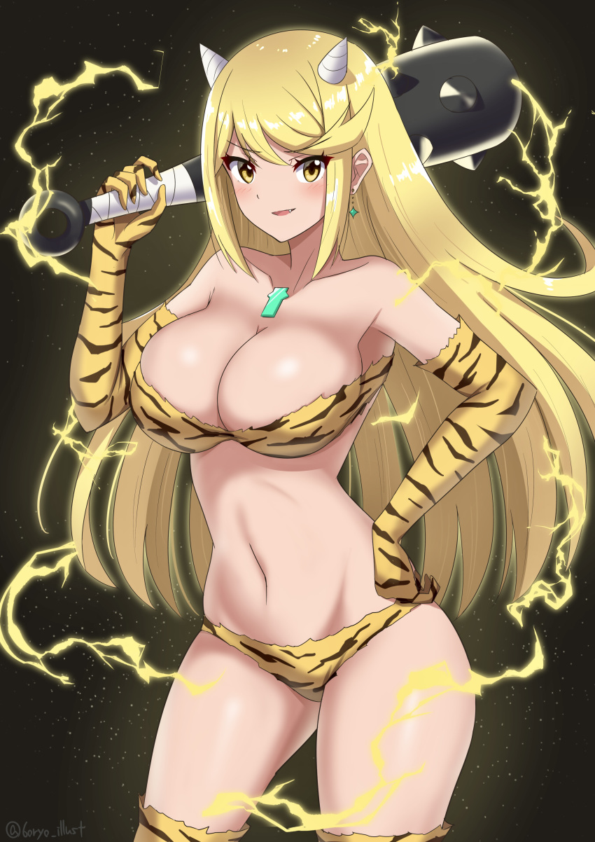 1girl absurdres animal_print bangs bikini blonde_hair breasts chest_jewel cleavage club_(weapon) commentary_request dark_background drop_earrings earrings elbow_gloves fake_horns fang gloves hand_on_hip highres holding_club horns jewelry kanabou large_breasts lightning long_hair looking_at_viewer mythra_(xenoblade) navel oni_horns open_mouth ryochan96154 setsubun simple_background smile solo spiked_club stomach swept_bangs swimsuit thighhighs twitter_username weapon xenoblade_chronicles_(series) xenoblade_chronicles_2 yellow_bikini yellow_eyes yellow_gloves