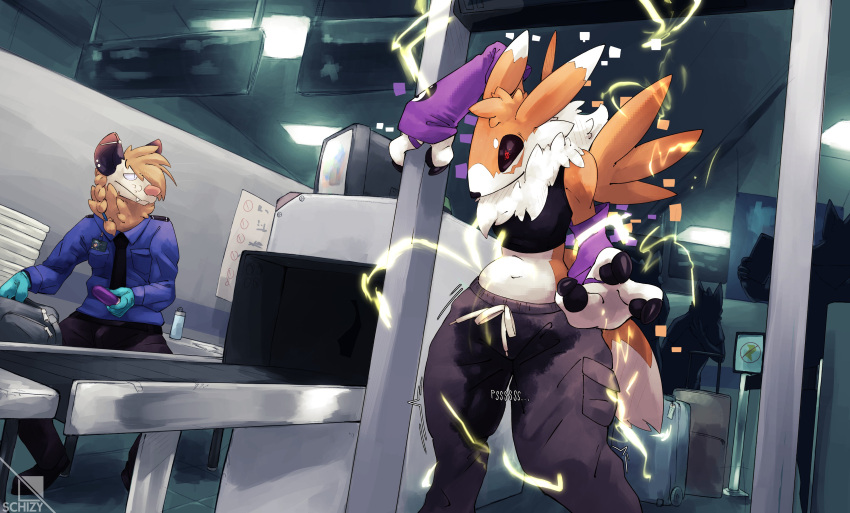 2023 3_fingers absurd_res airport anthro armwear bandai_namco biped black_sclera bodily_fluids bottomwear bridal_gauntlets claws clothing didelphid digimon digimon_(species) digital_media_(artwork) duo ear_piercing electricity fan_character female fingers fluffy fluffy_tail fur fur_tuft genital_fluids gloves handwear hi_res latex_gloves mammal marsupial motion_lines multicolored_body multicolored_fur navel neck_tuft onomatopoeia pants pants_peeing peeing piercing red_eyes renamon schizy shocked sound_effects tail text topwear tube_top tuft urine white_body white_fur yellow_body yellow_fur yoga_pants