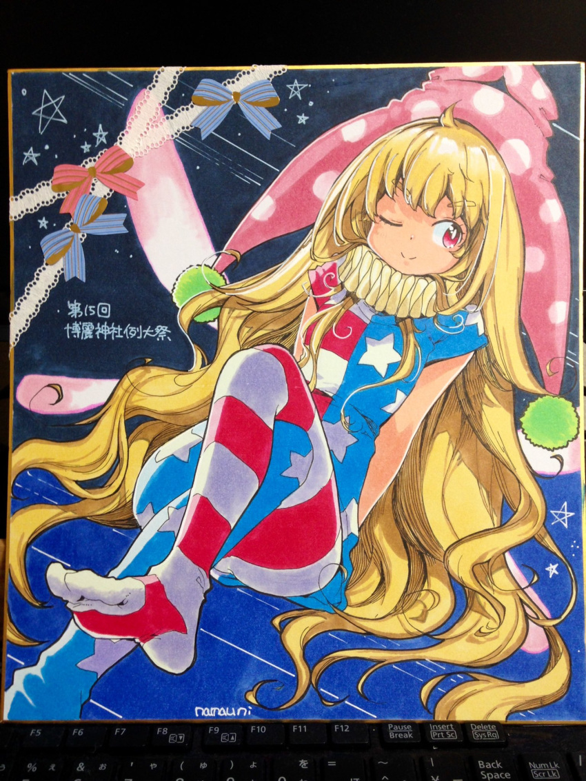 1girl ;) american_flag_dress american_flag_legwear bangs blonde_hair clownpiece dress fairy fairy_wings feet hat highres jester_cap knee_up long_hair looking_away namauni neck_ruff no_shoes one_eye_closed pantyhose photo_(medium) pink_eyes pink_headwear shikishi short_dress short_sleeves sideways_glance smile soles solo star_(symbol) star_print striped thick_eyebrows touhou traditional_media very_long_hair wavy_hair wings