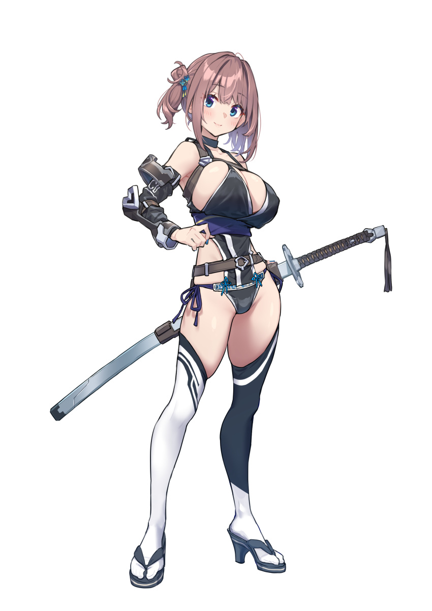 1girl absurdres baffu bare_shoulders blue_eyes breasts brown_hair choker cleavage closed_mouth covered_nipples full_body greatsword highres hitoyo_(baffu) holding holding_sword holding_weapon japanese_clothes katana large_breasts looking_at_viewer medium_hair one_side_up original sandals sideboob sidelocks simple_background smile solo sword weapon white_background