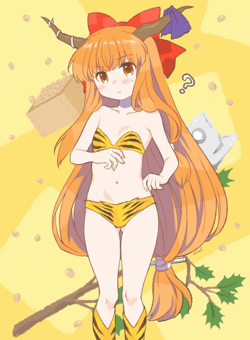 1girl ? alternate_costume animal_print artist_name bangs blush bow bra branch brown_horns commentary_request feet_out_of_frame flat_chest hair_bow highres horn_bow horn_ornament horns ibuki_suika long_hair looking_at_viewer low-tied_long_hair masu midriff mimi_(ikrptppt) navel oni orange_eyes orange_hair panties parted_lips print_bra print_panties print_socks purple_bow red_bow setsubun solo soybean tiger_print touhou underwear very_long_hair yellow_background