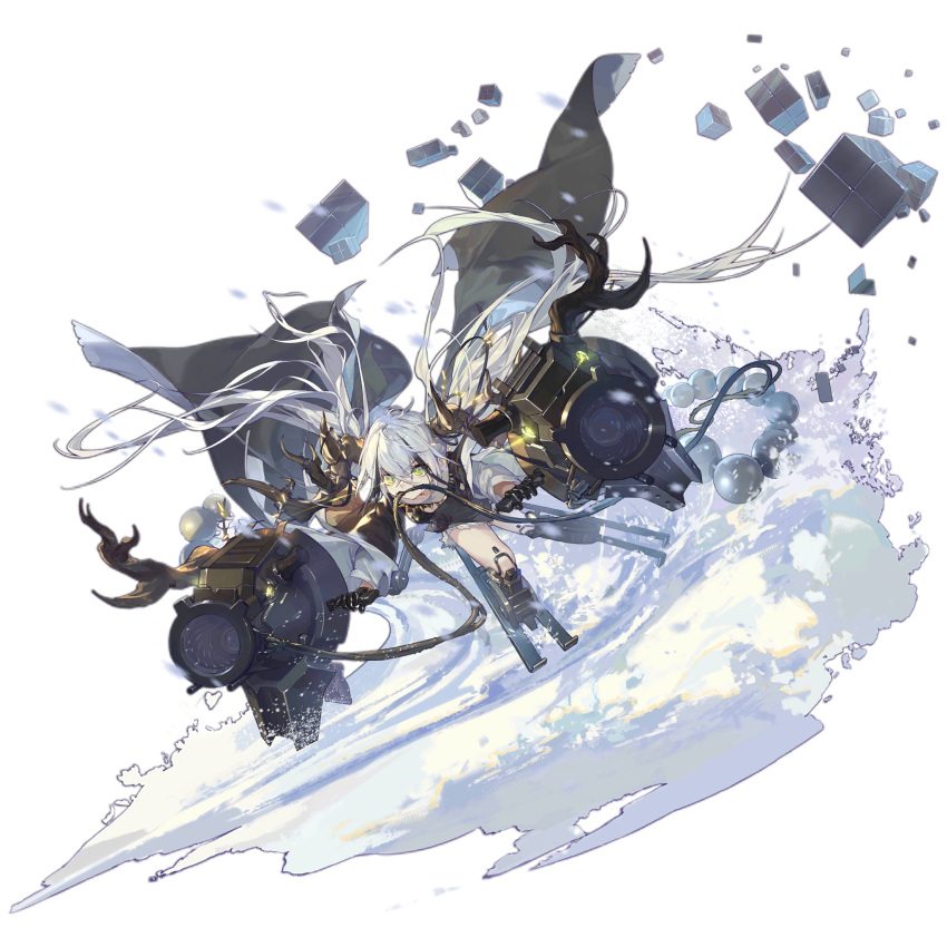 1girl antlers artist_request bangs black_cloak black_gloves black_hair broken_antler cloak cube destroyer_(dashing_reindeer)_(girls'_frontline) destroyer_(girls'_frontline) full_body girls'_frontline gloves green_eyes hair_between_eyes highres long_hair mechanical_legs mouth_hold multicolored_hair official_alternate_costume official_art reindeer_antlers sangvis_ferri simple_background skiing skis snow solo standing streaked_hair transparent_background twintails weapon white_hair