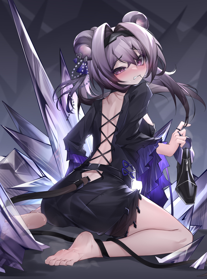 absurdres animal_ears arknights ass back backless_dress backless_outfit bare_legs barefoot black_dress black_footwear black_hairband blush breasts clenched_teeth crystal dress from_behind full_body hair_intakes hairband highres jewelry kneeling lin_(arknights) long_hair long_sleeves looking_at_viewer looking_back medium_breasts mouse_ears mouse_girl mouse_tail multiple_rings parted_lips purple_eyes purple_hair qinshi-ji ring shoes shoes_removed sitting tail teeth wariza wide_sleeves