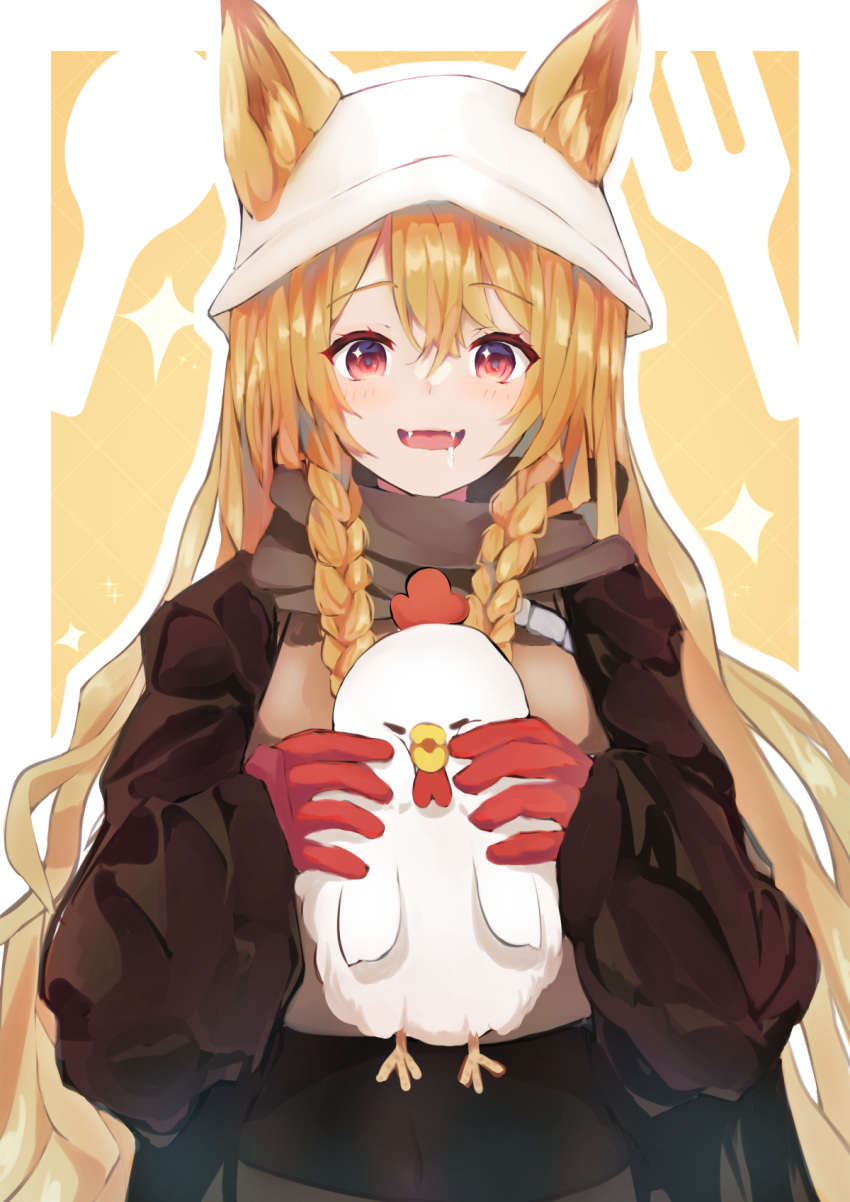 1girl :d animal animal_ear_fluff arknights bangs bird black_jacket braid brown_hair ceobe_(arknights) chicken commentary_request commission drooling ears_through_headwear fangs gloves hair_between_eyes highres holding holding_animal jacket long_hair long_sleeves narushina red_eyes red_gloves saliva skeb_commission sleeves_past_wrists smile solo twin_braids very_long_hair white_headwear