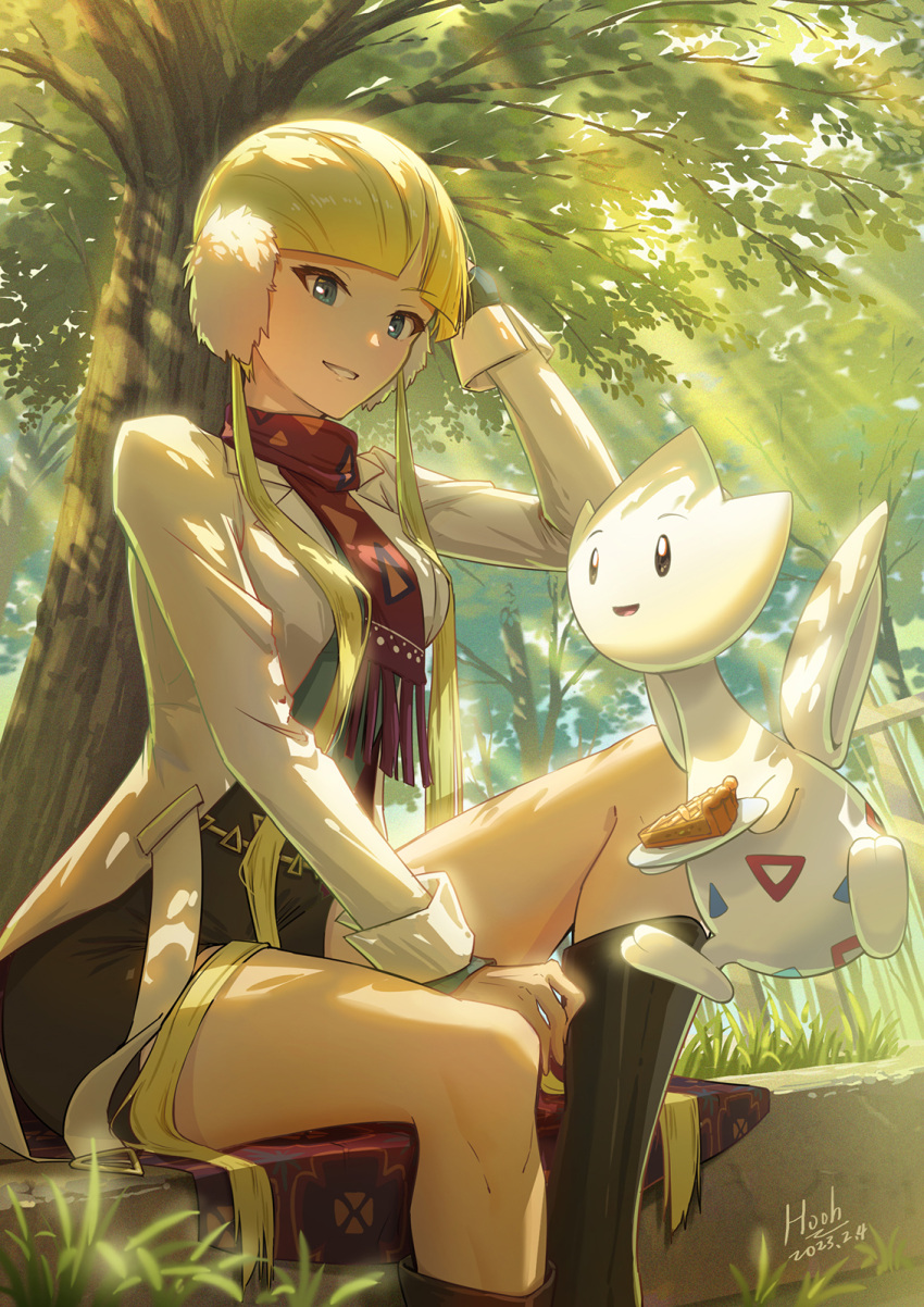 1girl apple_pie bangs blonde_hair blue_eyes blunt_bangs coat commentary_request dated day earmuffs elesa_(palentine's_2023)_(pokemon) elesa_(pokemon) eyelashes food green_shirt hand_up highres ho-oh_(artist) knees light_rays looking_down official_alternate_costume open_clothes open_coat outdoors parted_lips pie pie_slice plate pokemon pokemon_(creature) pokemon_(game) pokemon_masters_ex red_scarf scarf shirt shorts signature sitting smile togetic tree
