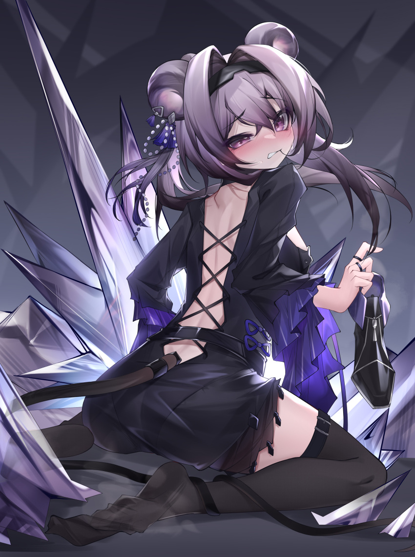 absurdres animal_ears arknights ass back backless_dress backless_outfit black_dress black_footwear black_hairband black_thighhighs blush breasts clenched_teeth crystal dress from_behind full_body hair_intakes hairband highres jewelry kneeling lin_(arknights) long_hair long_sleeves looking_at_viewer looking_back medium_breasts mouse_ears mouse_girl mouse_tail multiple_rings parted_lips purple_eyes purple_hair qinshi-ji ring shoes shoes_removed sitting tail teeth thighhighs wariza wide_sleeves