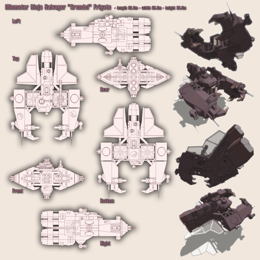 3d absurdres commentary english_text eve_online frigate_(eve_online) from_above from_behind from_below from_side highres minmatar_republic_(eve_online) multiple_views no_humans shadow spacecraft spinner-vision thrusters vehicle_focus