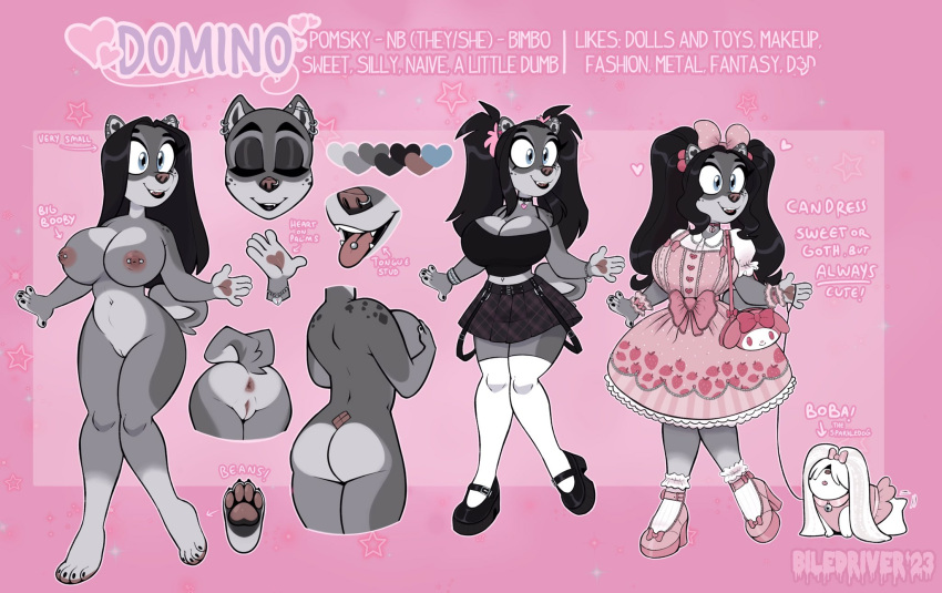 &lt;3 accessory anthro anus barbell_piercing big_breasts bottomwear bow_ribbon bracelet breasts butt cadaverrdog canid canine canis choker clothing crop_top curled_tail domestic_dog domino_(cadaverrdog) dress ear_piercing ear_ring eyes_closed facial_piercing female fur genitals grey_body grey_fur hair_accessory hair_bow hair_ribbon hi_res huge_breasts humanoid_genitalia humanoid_pussy jewelry leash legwear lips mammal miniskirt mixed_breed model_sheet necklace nipple_barbell nipple_piercing nipples nonbinary_(lore) nose_piercing nose_ring nude open_mouth open_smile pawpads paws piercing pigtails pink_background pomsky presenting presenting_anus presenting_hindquarters presenting_pussy purse pussy red_pawpads ribbons ring_piercing shirt simple_background skirt smile solo stockings thick_bottom_lip tongue tongue_out tongue_piercing topwear wide_eyed