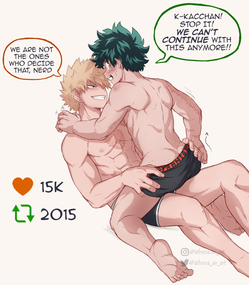 2boys abs ass athena_av bakugou_katsuki barefoot black_male_underwear blonde_hair blush boku_no_hero_academia boy_on_top commentary english_commentary english_text green_hair grin highres instagram_logo instagram_username looking_at_another male_focus male_underwear meme midoriya_izuku multiple_boys open_mouth scar scar_on_arm scar_on_chest smile speech_bubble spiked_hair twitter_logo twitter_strip_game_(meme) twitter_username underwear undressing yaoi
