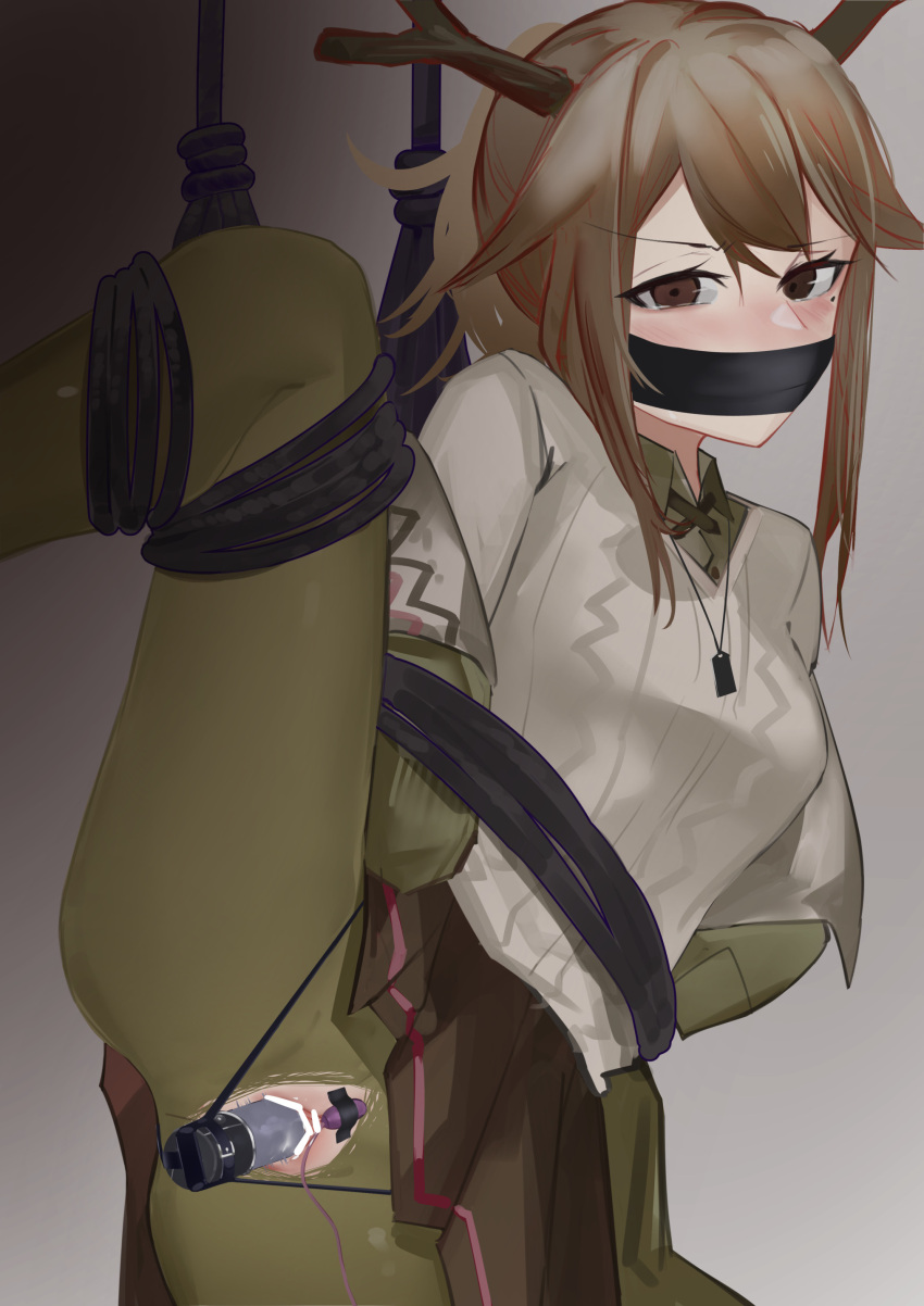 1girl absurdres ao_oni_(onioni-aoi) arknights arms_behind_back bdsm black_skirt blush bondage bound bound_arms brown_eyes brown_hair clitoral_stimulation deer_antlers deer_girl dildo egg_vibrator firewatch_(arknights) gag gagged gradient_background green_jacket green_pantyhose grey_background grey_sweater highres improvised_gag jacket jewelry leg_up long_hair looking_at_viewer miniskirt mole mole_under_eye necklace object_insertion open_clothes open_jacket pantyhose pleated_skirt ponytail pussy rope sex_toy skirt solo standing standing_on_one_leg sweater torn_clothes torn_pantyhose v-shaped_eyebrows vaginal vaginal_object_insertion vibrator