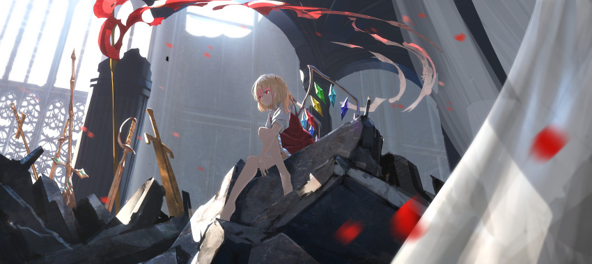 1girl absurdres bangs barefoot blonde_hair blurry blurry_foreground castle closed_mouth collared_shirt cross crystal curtains dress flandre_scarlet frilled_dress frilled_shirt_collar frills grey_shirt hair_between_eyes highres indoors jewelry light looking_to_the_side multicolored_wings no_headwear one_side_up petals pinafore_dress puffy_short_sleeves puffy_sleeves red_dress red_eyes rock ryosios shadow shirt short_hair short_sleeves sitting solo sword touhou wall weapon window wing_collar wings