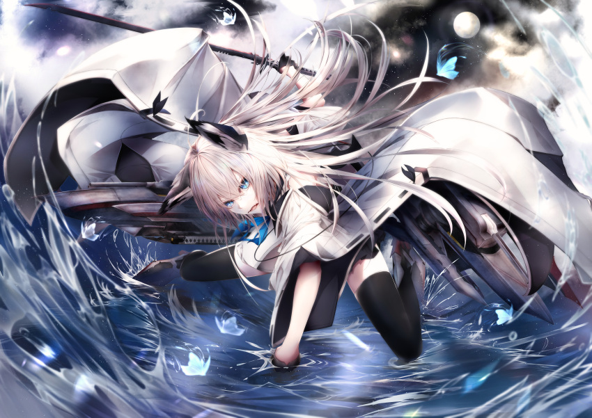 1girl absurdres animal_ears azur_lane black_skirt black_thighhighs blue_butterfly blue_eyes blue_neckerchief blue_ribbon bug butterfly fangs fox_ears fox_girl full_moon highres katana kawakaze_(azur_lane) long_hair moon multiple_swords neckerchief outdoors pale_skin pleated_skirt ribbon sailor_collar sheath sheathed skirt solo sword thighhighs tsukimiya_(tsukinami15) very_long_hair walking walking_on_liquid water weapon white_hair