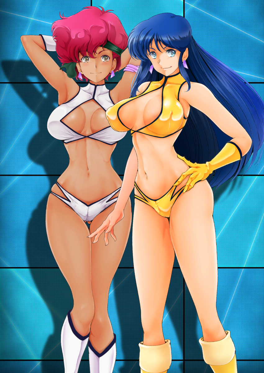 2girls absurdres armlet armpits arms_behind_head arms_up ass_visible_through_thighs bangs bare_shoulders blue_eyes blue_hair blush boots breasts brown_eyes cleavage closed_mouth commentary_request covered_collarbone covered_nipples crop_top dark-skinned_female dark_skin dirty_pair earrings elbow_gloves gloves headband highleg highleg_panties highres jewelry kei_(dirty_pair) knee_boots large_breasts lips long_hair looking_at_viewer medium_hair midriff multiple_girls nanashi_noiji navel panties red_hair shadow shiny_clothes simple_background single_glove sleeveless smile stomach thighs turtleneck underwear yuri_(dirty_pair)