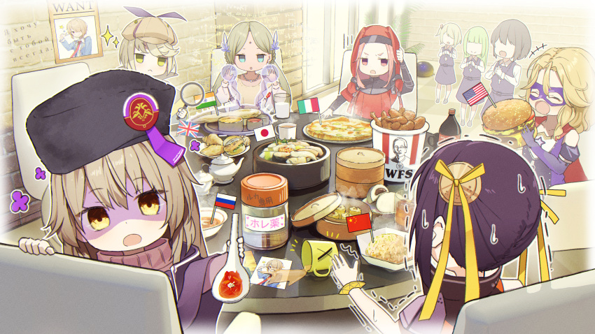 6+girls absurdres aqua_eyes black_headwear blonde_hair borscht_(food) brown_hair brown_headwear bucket_of_chicken burger cape carole_reaper charlotta_skopovskaya chibi closed_eyes coat cola cross cross_necklace cup dim_sum eating elbow_gloves empty_eyes faceless faceless_female feather_hair_ornament feathers flag food fried_rice fur_hat gloves grey_hair hair_ornament hair_ribbon hat heaven_burns_red highres holding holding_magnifying_glass holding_spoon indian_flag irene_redmayne italian_flag japanese_flag jewelry jitome kayamori_ruka li_yingxia looking_at_viewer magnifying_glass maria_de_angelis mug multiple_girls navi_(heaven_burns_red) necklace nun open_labcoat open_mouth pearl_necklace people's_republic_of_china_flag pink_hair pizza plate puri_bread_(food) red_cape red_eyes red_shirt ribbon rinki_oohen russian_flag sashimi shirt sparkle spoon table teacup teapot trembling union_jack vritika_balakrishnan white_coat yellow_eyes yellow_ribbon
