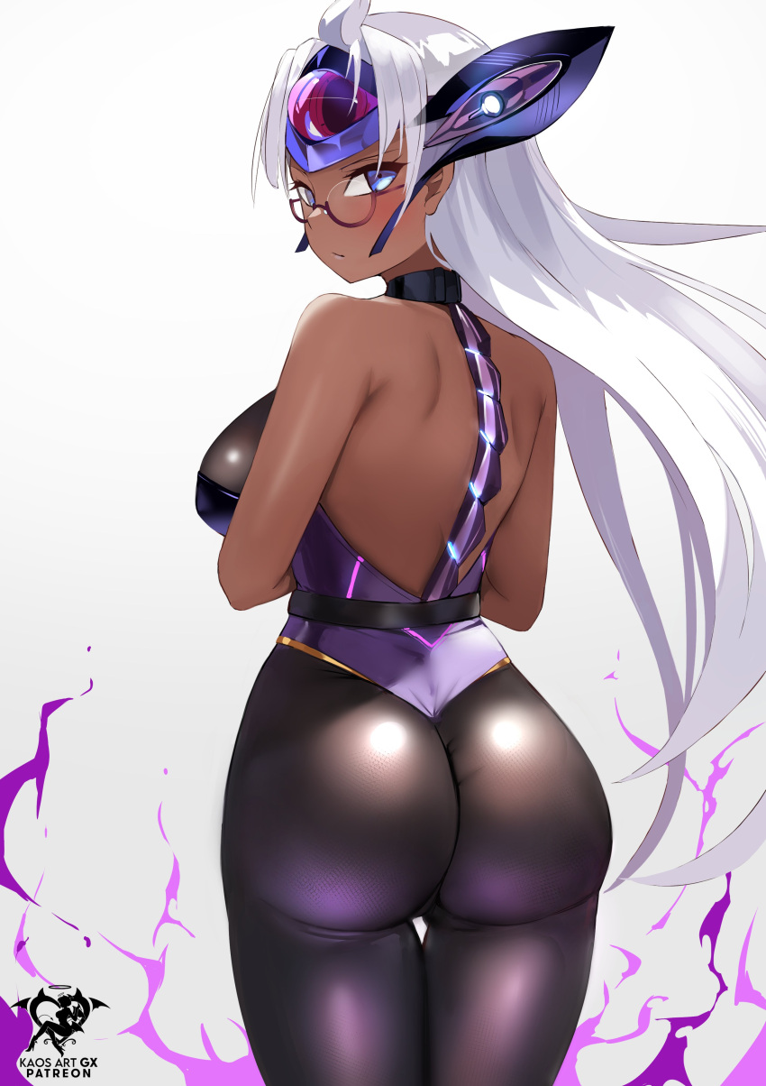 1girl absurdres android ass bare_shoulders blue_eyes breasts cleavage cyborg dark-skinned_female dark_skin elbow_gloves forehead_protector glasses gloves highres kaos_art large_breasts long_hair looking_at_viewer solo t-elos t-elos_re: thighhighs very_long_hair white_hair xenoblade_chronicles_(series) xenoblade_chronicles_2